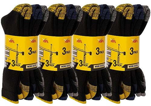12 Pairs-Men's Work Socks Heavy Duty Black Heel hiking walking and Toe Re-inforced Fully Cushioned Thick Socks Men-Size UK 6-11