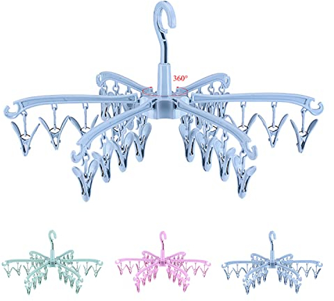 BONYCUST 24 Peg Folding Sock Hanging Rotatable Drying Rack Hanger Sock Dryer for Lingerie Clothes Shoe Insoles Underwear Baby Clothes & Hats (Blue)