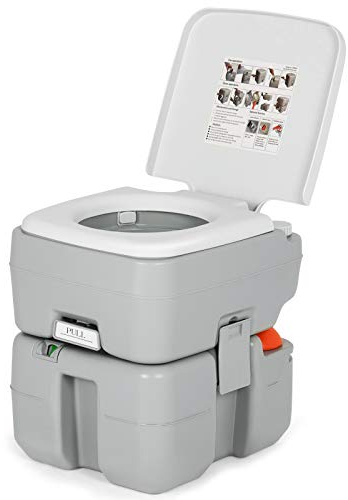GOPLUS 20L+10L Toilette Portable avec Pompage d’Eau, Toilette Extérieure WC avec Indicateur Niveau d'eau,Tube de Purge Résistant aux Éclaboussures,ChargeMax 200KG,pour Camping,Pêche 41,5x36,5x42CM