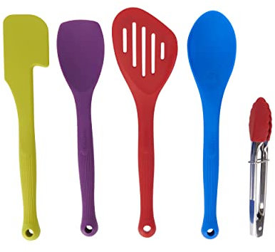 Colourworks 5-Piece Silicone Cooking Utensils Set, Spoon, Spatula, Spoon Spatula, Tongs & Slotted Fish Slice, Kitchen Cooking & Baking Tools, Bright Multi-Coloured & BPA Free, Non Scratch Accessories