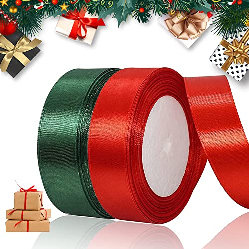 BUENTYA 2 Rollen Satinband Weihnachten Schleifenband Geschenkband 22m Weihnachtsband Rot Dunkelgrün Satin Band Weihnachtsgeschenkband Dekoband Stoffband für Weihnachtsdeko Hochzeit Geburtstag Party