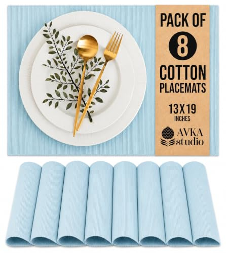 AVKA Studio Platzsets aus 100% Baumwolle, gerippt, 20,3 x 48,3 cm, Hellblau, für den täglichen Gebrauch, Dicke Konstruktion, waschbare und Wiederverwendbare Stoff-Tischsets