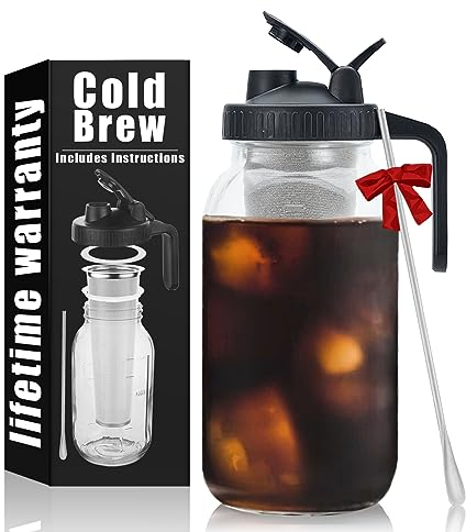 Cold Brew Mason Coffee Maker - 64oz Iced Coffee Pitcher with Stainless Steel Mixing Spoon & Super Dense Filter 3 Steps Finish Cold Brew Coffee, Classic BPA Free Sturdy Mason jar Pitcher Easy to Clean