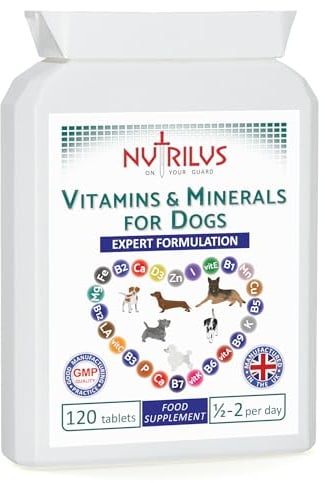 Nutrilus Vitamins and Minerals for Dogs - 120 Chewable Chicken Flavour Tablets - 24 Vitamins, Microelements and Omega 6 - Skin, Fur, Heart, Bones, Brain, Energy