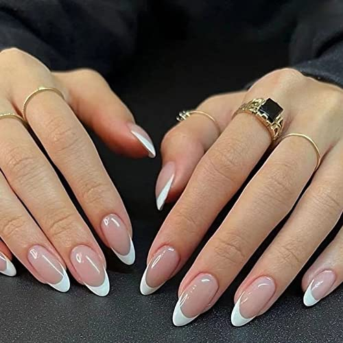 24PCS Short False Nails Almond, French Tip Nude & White Press on Nails Designs, Glossy Removable Glue-on Nails Fake Nails Set with Glue Stickers, Acrylic Full Cover Stick on Nails for Women Girls