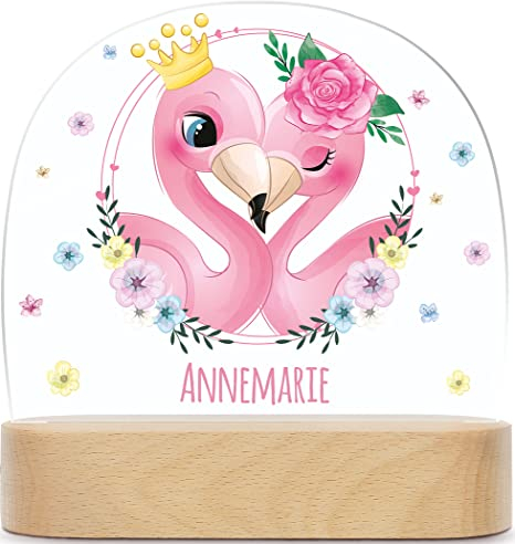 GRAVURZEILE Personalisiertes LED Nachtlicht für Kinder - Blumenkranz - Personalisiert mit Namen - Nachttischlampe für das Kinderzimmer - Geschenk für Kinder & Babys - Baby Geschenk - Flamingo