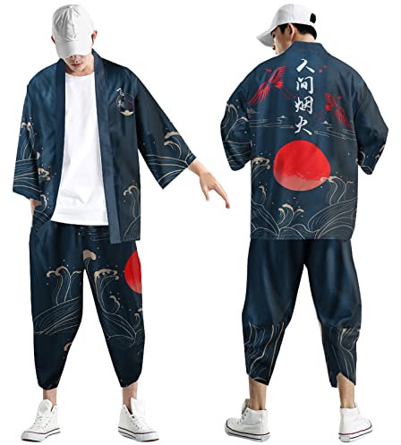 Costume traditionnel japonais Haori pour homme - Kimono d'été - Cardigan et pantalon baggy - Style chinois - Chemise de nuit - Vêtement de nuit pour homme - Coupe ample, Marine, S