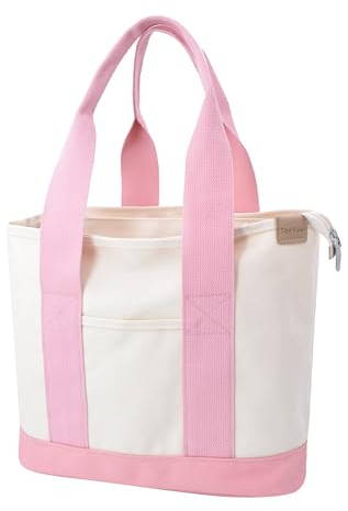 Damen Mittelgroß Handtasche Canvas Satchel Tote Bag Schultertasche Patchwork Design Shopper für Bücher Alltag Arbeit RosaWeiß