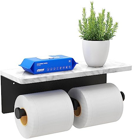 Marmor Doppel Toilettenpapierhalter mit Ablage, Papierhandtuchhalter Wandhalterung, Mattschwarz Toilettenpapierhalter, Taschentuchhalter für Badezimmer