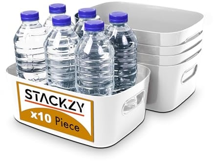 Under Sink Storage Boxes – Strong Storage Baskets with Handles – Home, Kitchen and Bathroom Organiser – Rectangular Multi Use Storage Boxes –– Stackable Pantry Basket – White, 10pcs – by Stackzy