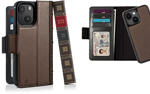 Twelve South BookBook für iPhone 15 Plus, MagSafe-kompatible Echtleder-Brieftaschen-Schutzhülle mit Display-Ständer und Abnehmbarer Stand-Alone-Leder-Akzent-Hülle, Braun