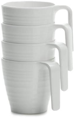 Flamefield Soft White Stacking Mugs Tasses – Ensemble de 4 pièces en mélamine élégante et durable, 350 ml, parfait pour les voyages et l'extérieur, incassable