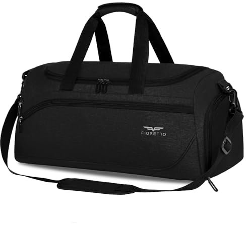 FIORETTO 50L Mens Sports Gym Bag with Wet Pocket & Shoe Compartment,Travel Duffle Bag Overnight Bag with Padded Shoulder Strap, Water-Resistant Sports Holdall for Swimming, Basketball Black