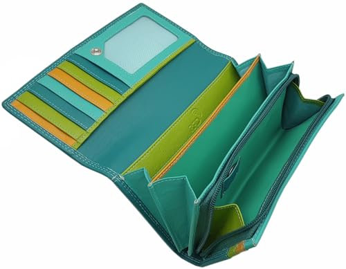 myledershop Große Rind-Nappa Leder Damen Geldbörse/Geldbeutel/Portemonnaie/Geldtasche mit RFID & NFC Schutz Mehrfarbig (Petrol)