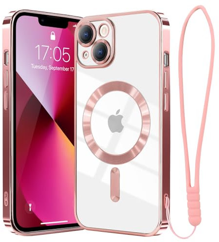 Ethanger for iPhone 13 Case Compatible with MagSafe Luxury Plating Bling Shockproof Bumper with Camera Lens Protector Magnetic Women Girly Phone Case for iPhone 13, Pink