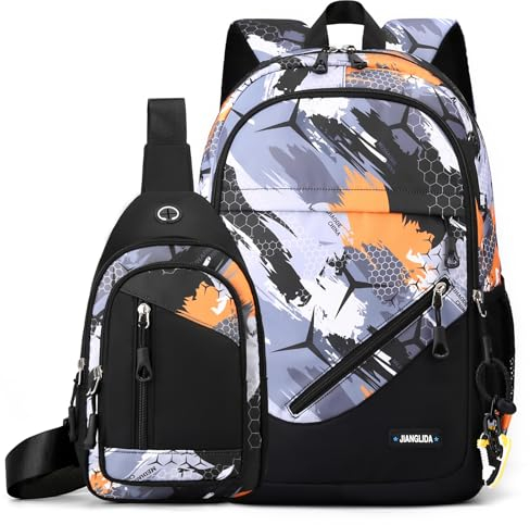 Amythe Schulrucksack Jungen Teenager 2 Teilig mit Sling Bag Herren Casual Daypack,Schultaschen-Set für 9-18 Jahren, Große Kapazität Wasserdicht Camouflage Rucksack Schule Mädchen, Orange