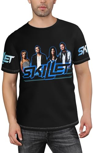 Śkillet%Rock Band Men's T-Shirts Regular-Fit Short-Sleeve Crewneck T-Shirt for Men Casual Novelty 3D Print t Shirt Summer Sport tee Top，L
