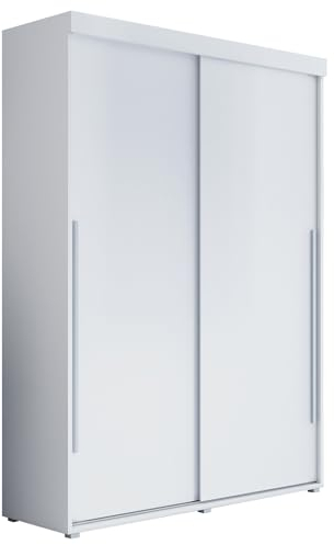 Meble Slupia Kleiderschrank Schiebetüren Slim - 180x202x46 cm - Schrank Schlafzimmer, Vorraum, Garderobe - Geteilte Tür, Kleiderstange, Ohne Spiegel - Holzwerkstoff, Silberner Griff, Weiß