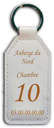 Porte-clés gravé en Cuir PU spécial gîtes, hôtel, B&B, camping, mobil-home, chalet, chambres d'hôtes avec gravure personnalisée. 8 Coloris disponibles.