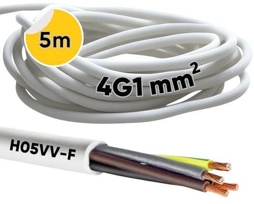 Kalitec H05VV-F Tubo Flessibile 4 x 1 mm² | Cavo di Alimentazione 4G1 mm2 Con Conduttore di Protezione, in PVC per Interni, Elettrico Bianco, per Lampada Flessibile