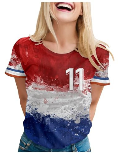 Coupe D'Europe 2024 T-Shirt Femme Ete Mode Couleur Unie Tee Shirt En Coton Avec Imprimé Drapeau France Et NuméRique T-Shirt De Sport Hauts DéContractéS