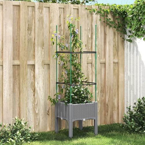 JUDYY Pflanzkübel mit Rankgitter Hellgrau 40x40x142,5 cm PP, Blumentopf Gross, Blumenkasten Balkon, übertopf, Pflanzkasten, Flowerpot, Kräuterbeet Für Die Küche, Vertikalbeet - 367947