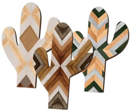 ULDIGI Küchenwanddekoration 3 Stück Boho Wanddeko mit Handbemalten Kaktus Motiven Rustikaler Landhausstil Vielseitige Wanddekoration für Wohnzimmer und Innenräume