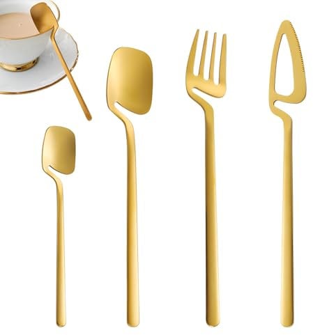 LHLZNB 4 Pieces Can be Suspended Cutlery Set,Stainless Steel Flatware Set for, Knife and Fork Set,Spoon Knife and Fork Sets, Mirror Polished and Dishwasher Safe, Silverware Set for Home (Golden)