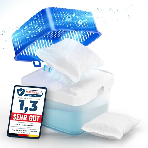 kogu® XXL 1 Stück Luftentfeuchter bis 75 m² Feuchtigkeits-Stopper inkl. 2x 400g Nachfüll Granulat – Raumentfeuchter nachfüllbar, Entfeuchter ohne Strom für Bad, Küche, Wohnung und Camper (1800ml)
