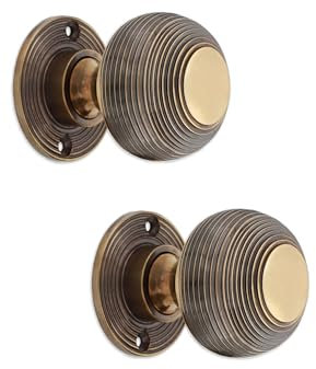 Infinity Decor Vintage Style Beehive Rim Mortice Door Knobs Set Round Aged Brass 50mm Pull Handles Pair - Ideal for Interior and Exterior Use
