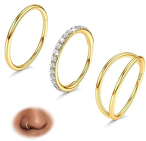 BodyBonita 20G Gold Nose Rings Hoops - 3pcs Surgical Steel Double Hoop Nose Rings Hinged CZ Conch Piercing Jewellery Septum Clicker Lip Ring Cartilage Earring Helix Rook Tragus Daith 7 mm
