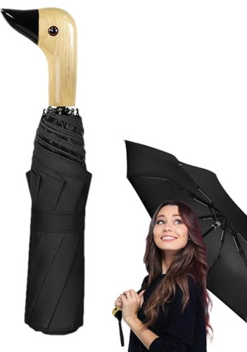 Entenkopf-Regenschirm, Faltbarer Regenschirm mit Holzgriff, Enten-Regenschirm mit automatischer Öffnung, einzigartiger Griff und leuchtenden Farben, lustiger Enten-Regenschirm für Erwachsene und