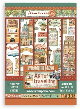 Stamperia - Washi Pad for Scrapbooks, Albums, Cards, Bullet Journals and More, Translucent and Easy to Cut, Acid Free, Perfect for Hobbies, Crafts, and Gifting (Art of Travelling) (A5) (8 Sheets)