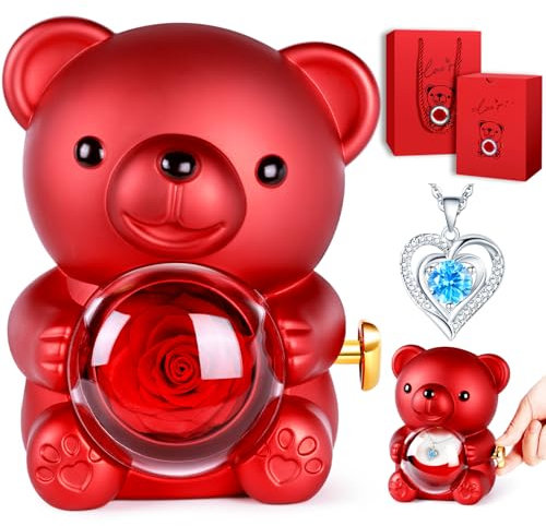 goldmiky Romantic Teddy Bear with Preserved Red Rose, Hidden Jewelry Box & Heart - Shaped Necklace for Her on Valentine's Day, Mother's Day, Weddings, Anniversaries (Red Bear Blue Diamond)