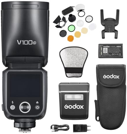 Godox V100C Camera Flash with AK-R1 Kit 100Ws Round Head TTL Speedlite with Touch Screen, Built-in LED Modeling Lamp, Sub Flash, Lithium Battery Replacement for Canon R10 R8 R7 R6 R6