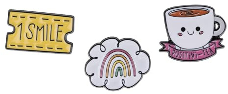 Positive Themed Gift Set Collection Of 3 Badges Including A Rainbow Cloud, Ticket for One Smile And A Positivi-Tea smiling Cup of Tea