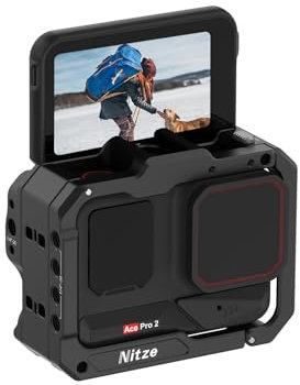 Nitze Gabbia per Insta360 Ace Pro 2/Ace Pro/Ace, Gabbia in Alluminio Verticale Orizzontale per Videocamera con Interfaccia Magnetica e Cold Shoe per Luce Video a LED - T-IN03A