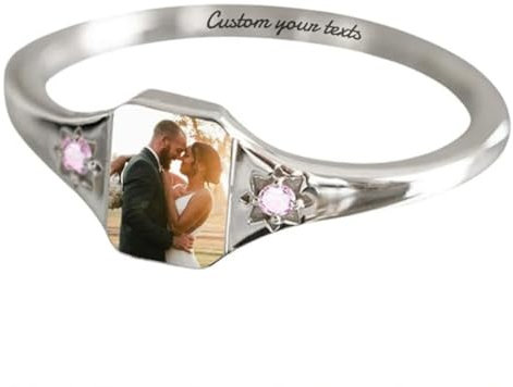Individueller Foto Ring Eingraviertem Text Farbbild mit 2 Geburtssteinen Personalisierter Siegelring, Gedenkschmuck Geburtstags Jubiläums Hochzeitsgeschenk für Paare Liebhaber, Silber Size 10