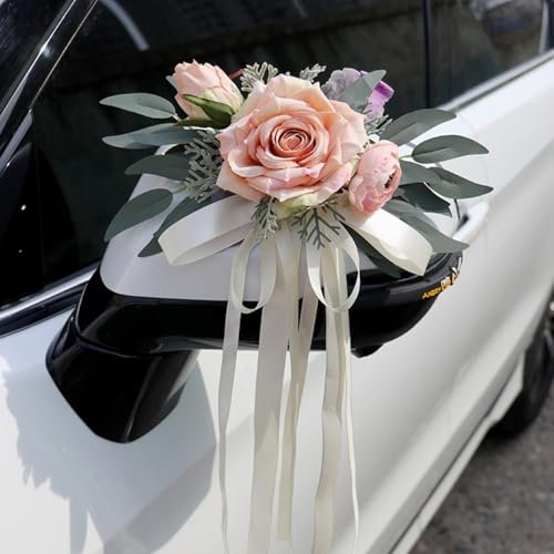 AQCQDQ 2 Stück Hochzeit Autoschmuck, Hochzeit Autoschleifen, Vintage Hochzeits Künstliche Blume mit Saugnäpfen für Auto Rückspiegel (Champagner)