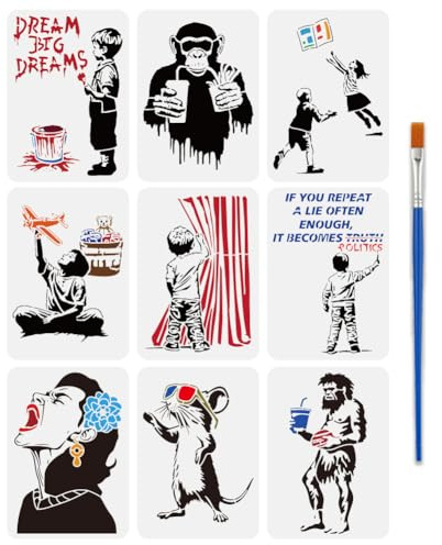 FINGERINSPIRE 9 Stück Banksy Malschablone Mit Pinsel 21x29.7cm Sonnenbrille Ratte Graffiti Junge Affe Fast Food Fangbücher Spiel Zeichenvorlage BIG DREAMS Schreiende Frau DIY Schablone