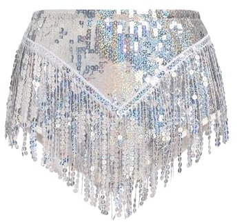 FYMNSI Pailletten Shorts Damen Rave Outfit Techno Glitzer Kurz Hose Hohe Taille Quaste Hotpants Musikfestival Festivals Tanz Party Glänzend Fasching Karneval Kostüm Bauchtanz Clubwear Silber S