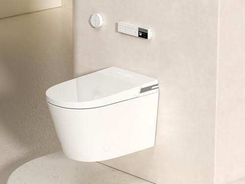 MEJE #T010G Smart-WC-Kombination zur Wandmontage, mit eingebautem Bidet, beheiztem Sitz, Warmlufttrockner, automatischer Spülung, automatisches Öffnen und Schließen, Fernbedienung, Nachtlicht, Weiß
