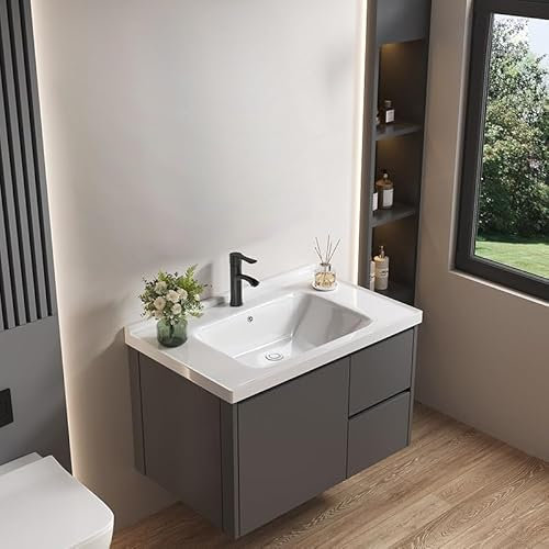 Lavabo de salle de bain en céramique mural, ensemble de vasque compact avec robinet et étagère de rangement pour maison, hôtel, buanderie(70 * 47cm)
