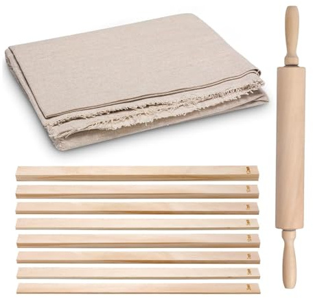 Koolenry 12 Pcs Pottery Crafting Set with Wood Rolling Pin, 1 Pottery Wedging Board, Linen Tablecloth, and 10 Assorted Size Rolling Tools
