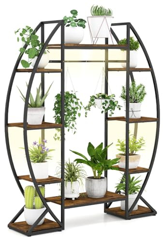 TANGZON 10 Tier Plant Stand, Curved Moon Shape Ladder Plant Shelf with Grow Lights, Hooks & Anti-tipping Kit, Metal Frame Tall Flower Pot Display Rack for Home Living Room Garden Balcony