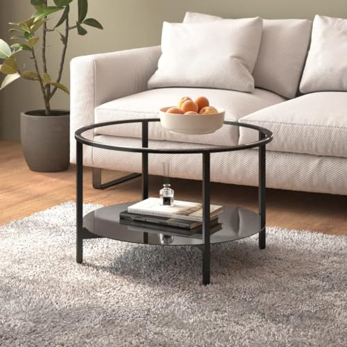 QUAHEAS Moderner Beistelltisch, rund, aus gehärtetem Glas und Metall, Couchtisch mit Ablage, 70 cm Durchmesser, für Wohnzimmer, Schlafzimmer und Büro