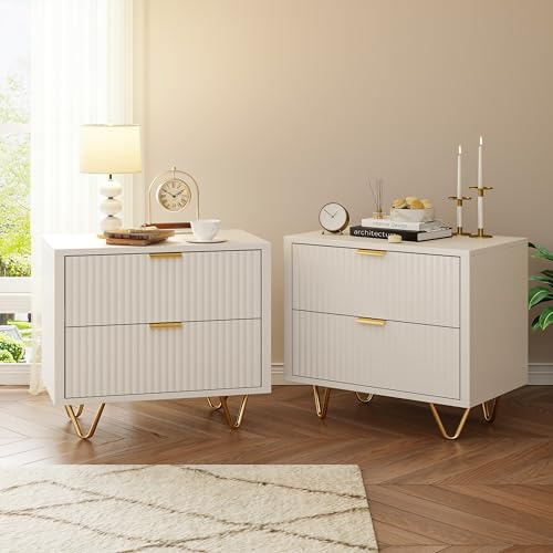 Nachttische Schlafzimmer 2er-Pack, Kommode 2 Schubladen Nachttisch 2er-Set 40x40x55 cm Beistelltische Wohnzimmer mit Schubladen Holzmöbel Aufbewahrung Kommode für Wohnzimmer Flur (A Weiß)