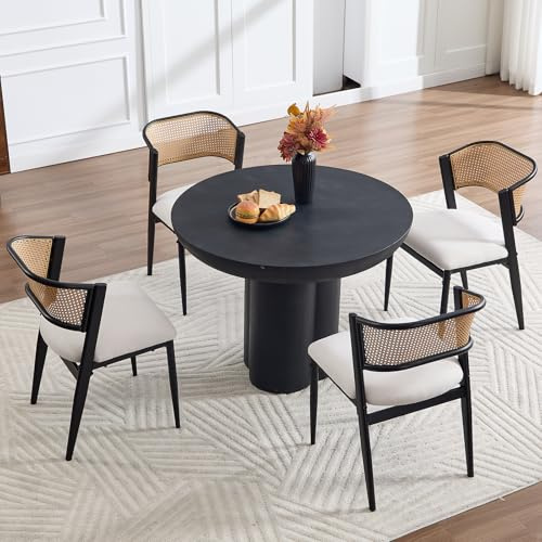DAYALANE Rattan Esszimmerstühle 4er Set, Küchenstuhl Vintage, Beige | Polsterstuhl mit Holzbeinen, Sitzkissen aus Leinen, Essstühle für Esszimmer Wohnzimmer