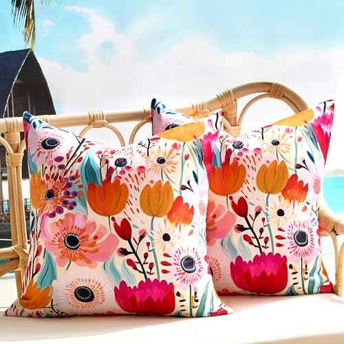 Copricuscino 40x40 Fodera Impermeabile per Cuscino da Esterno 40x40 cm, Rosso E Rosa, Motivo Floreale Rosa E Arancione, Stile Rustico, Federa Decorativa Quadrata con Stampa Floreale Estiva, Set di 2