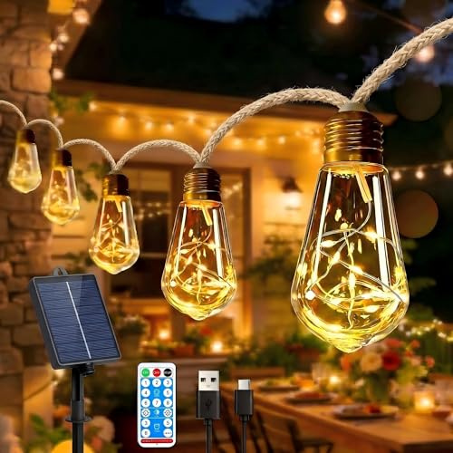 KDGOFUO Solar Lichterkette Außen, 8 m,16 LED Glühbirnen, warmweiß, Dimmbar | Lichterkette Außen Wetterfest , 8 Modi, USB, Timer & Remote, Lichterkette Außen Solar für Garten Balkon Terrasse Party